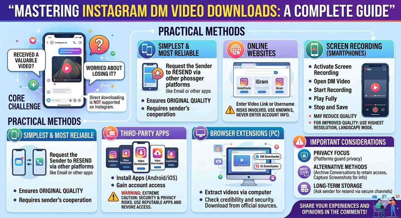 The Best Ways to Download Instagram DM Videos 1 Infographic showing step-by-step process to download Instagram DM videos, including receiving a video, using a download tool, and saving it on a device
